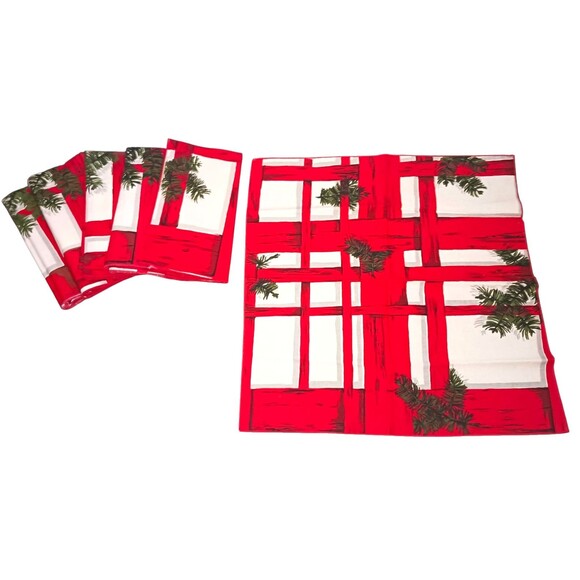 Lot Of 6 Vintage Christmas Cloth Dinner Napkins Set Red Trellis & Pine 16" x 16" - Picture 1 of 4